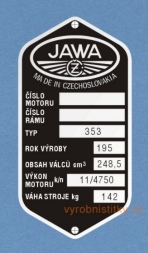 Výrobní štítek JAWA ČZ-250 typ 353