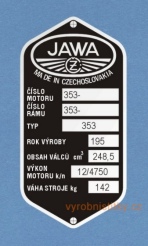 Výrobní štítek JAWA ČZ 250 typ 353 - bez Týnce