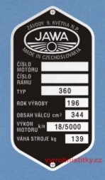 Výrobní štítek JAWA 350-360 "9.května"