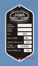 Výrobní štítek JAWA 350-360 "rv 196" váha 139