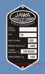 Výrobní štítek JAWA 500 OHC - 82mm, váha168