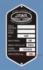 Výrobní štítek JAWA-ČZ Závody 9.května, váha 128