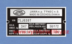 Výrobní štítek JAWA 350 638         T