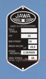 Výrobní štítek JAWA 23 Mustang rv 1980