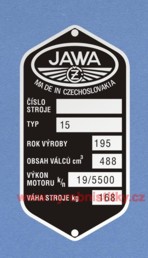 Výrobní štítek JAWA 500 OHC 02, váha 168 kg, výk.19 k