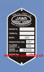 Výrobní štítek JAWA 362 Californian anglie engine 28, cylinder 352