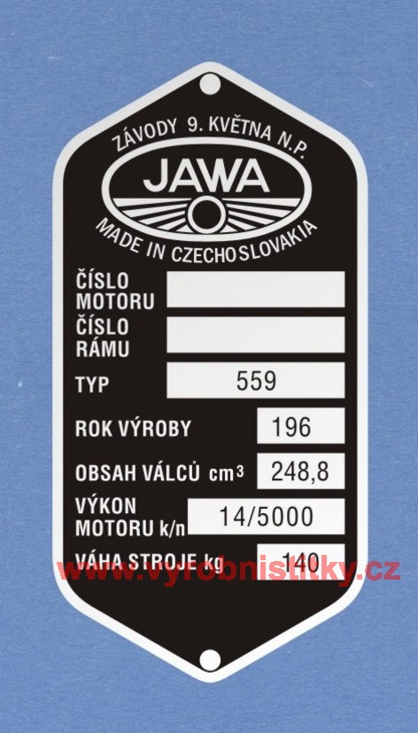 Výrobní štítek JAWA-ČZ 559 Závody 9.května N.P.