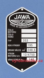 Výrobní štítek JAWA 250 Kývačka váha 142