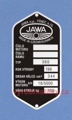 Výrobní štítek JAWA 350 360 rv 196 váha 150