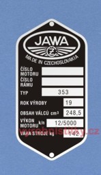 Výrobní štítek JAWA ČZ-250 typ 353 výk 12/5000