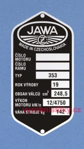 Výrobní štítek JAWA ČZ-250 typ 353 výk 12/4750