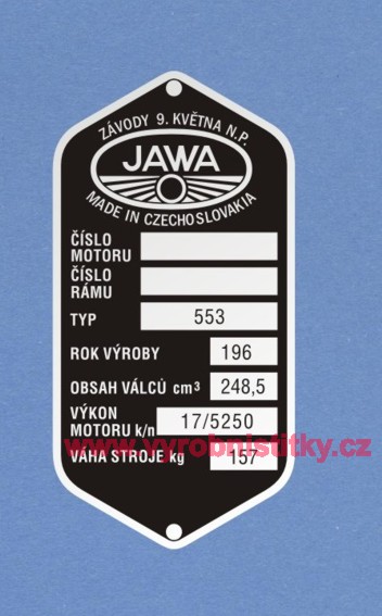 Výrobní štítek JAWA-ČZ 553 Závody 9.května typ 553