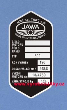 Výrobní štítek JAWA-ČZ 592 ROK VÝR 196