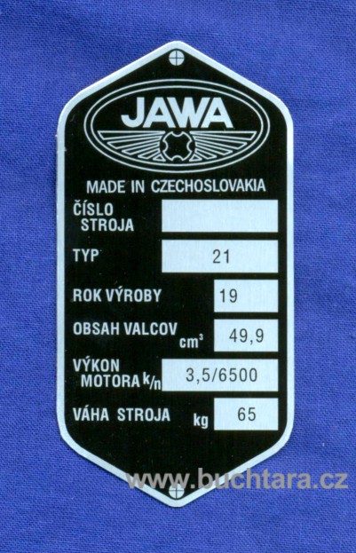 Výrobní štítek Jawa 21 - 3,5k při 6500 ot