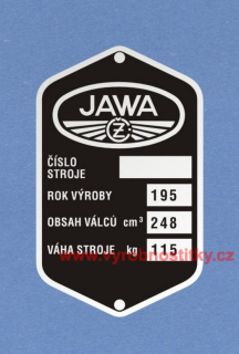 Výrobní štítek JAWA ČZ 250 pérák váha 115 rv 195