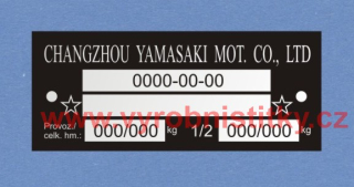 Výrobní štítek CHANGZHOU YAMASAKI - hmotnosti