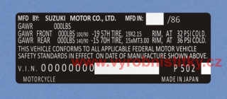 Výrobní štítek SUZUKI MOTORCYCLE Cavalcade Al folie