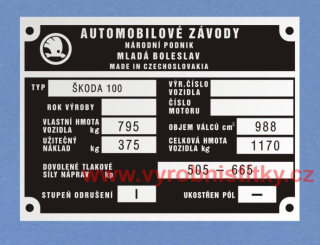 Výrobní štítek Škoda 100 celk hmota 1170