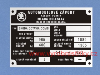 Výrobní štítek Škoda OCTAVIA COMBI váha 965 bez výkonu