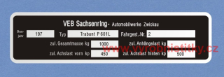 Výrobní štítek Trabant P601L rv 197 německý