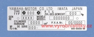 Výrobní štítek YAMAHA IWATA JAPAN objednávkové číslo