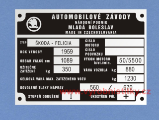 Výrobní štítek Škoda Felicia rv 1959 váha voz. 880
