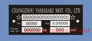 Výrobní štítek CHANGZHOU YAMASAKI - hmotnost pro dotisk