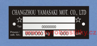Výrobní štítek CHANGZHOU YAMASAKI - hmotnosti + TYP