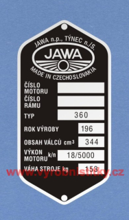 Výrobní štítek JAWA 350 360 rv 196 váha 153