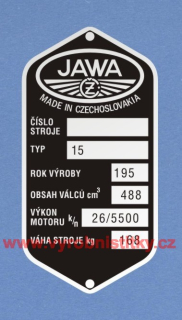 Výrobní štítek JAWA 500 ohc 02_82 mm váha 168 výk 26