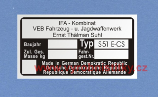 Výrobní štítek Simson S51 E-CS