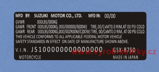 Výrobní štítek SUZUKI MOTOR  R750 Al folie