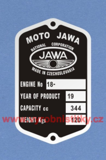 Výrobní štítek JAWA 350 PÉRÁK 67 mm MOTO JAWA váha 120 anglický