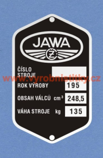 Výrobní štítek JAWA ČZ 250 pérák rv 195-obsah248,5-váha 135