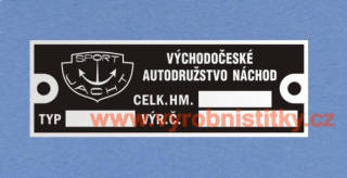 Výrobní štítek SPORTJACHT VÝCHODOČESKÉ AUTODRUŽSTVO - CEL.HM.-TYP-VČ
