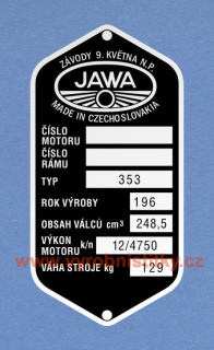Výrobní štítek JAWA 353-9.května váha 129
