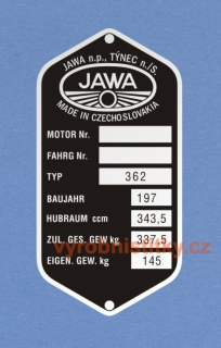 Výrobní štítek JAWA 362 Californian německý HUBR 343.5-ZULG 337,5