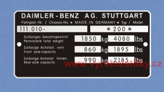Výrobní štítek DAIMLER-BENZ AG Stuttgart anglický bez znaků