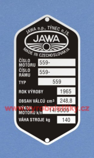 Výrobní štítek JAWA-ČZ 559 Týnec, váha 140