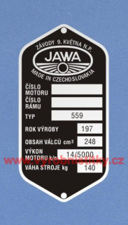 Výrobní štítek JAWA-ČZ 559 Závody 9.května typ 559,váha 140-rv 197