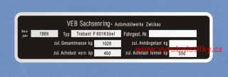 Výrobní štítek Trabant P601 Kübel německý