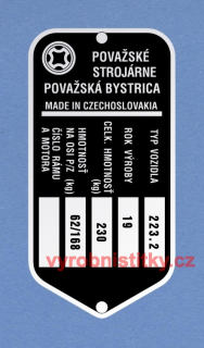 Výrobní štítek JAWA 23 Mustang typ 223.2-hm. 230, hm.na osi 62/168