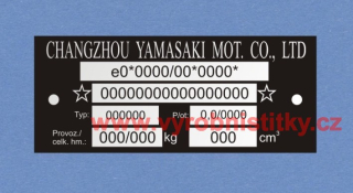 Výrobní štítek CHANGZHOU YAMASAKI - hmotnosti + TYP+e  pro dotisk