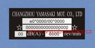 Výrobní štítek CHANGZHOU YAMASAKI e+VIN+dB+ot