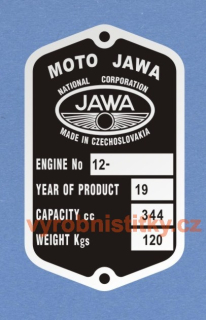 Výrobní štítek JAWA 350 PÉRÁK 67 mm MOTO JAWA váha 120 anglický ENG 12-