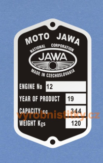 Výrobní štítek JAWA 350 PÉRÁK 67 mm MOTO JAWA ENGINE 12 váha 120 anglický