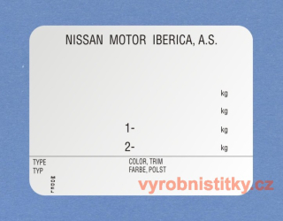 Výrobní štítek NISSAN MOTOR IBERICA bez loga 81 x 61 mm