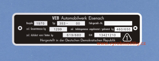 Výrobní štítek Wartburg Baujahr 1970