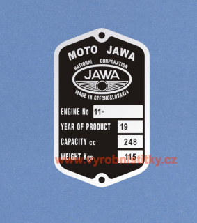 Výrobní štítek JAWA 250 PÉRÁK 67 mm MOTO JAWA váha 115 anglický