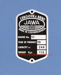 Výrobní štítek JAWA 250 PÉRÁK Zbrojovka 67 mm anglický